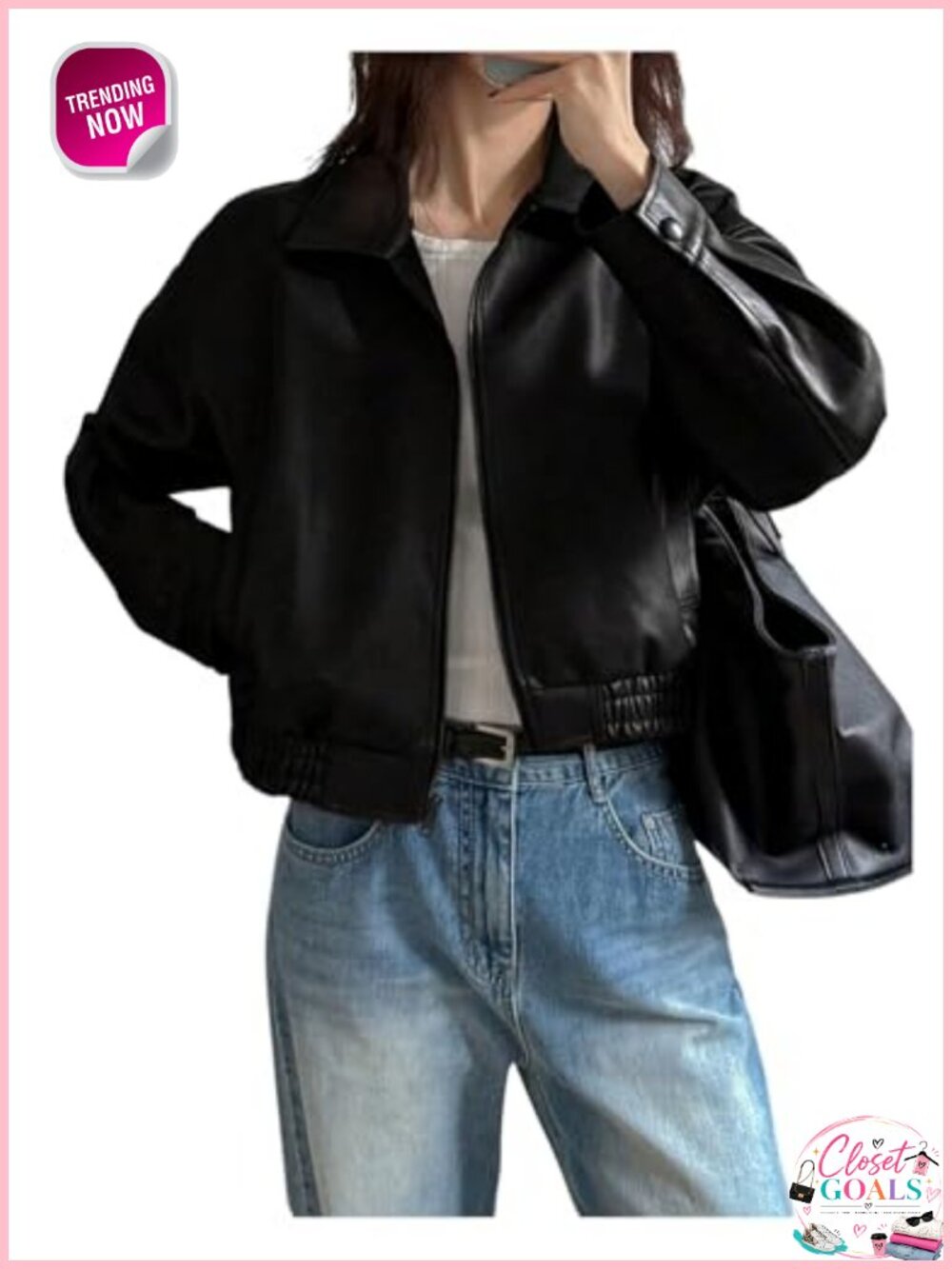 Faux Leather Zip Up Bomber Jacket Oversized Cropped Casual Coat